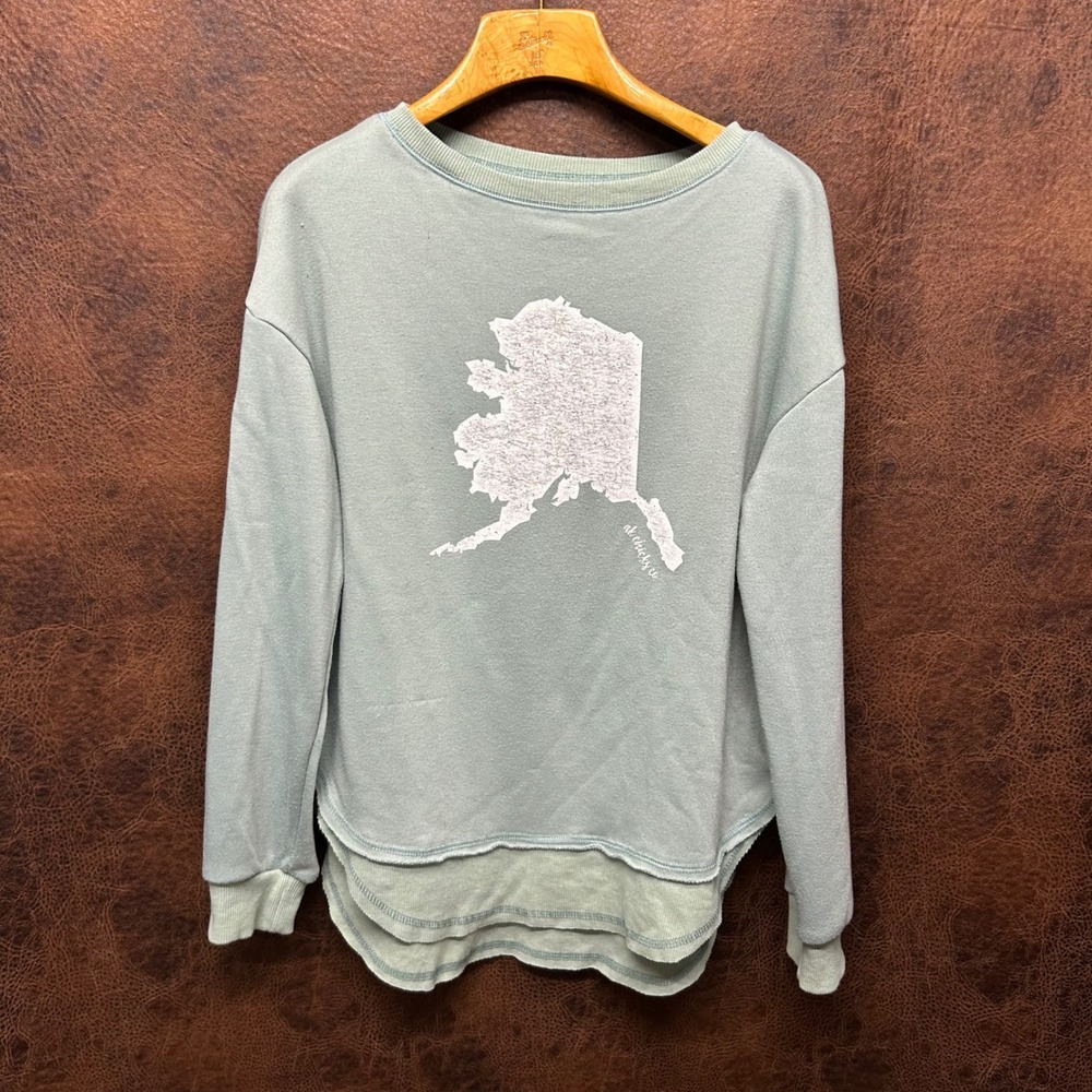 Alaska Chicks Green Crewneck Long Sleeve Forestry Patch Raw Edge Rounded Hem